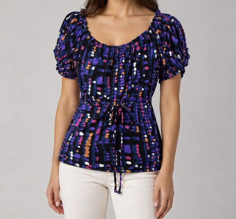Candies Womens Large Y2K Abstract Print Puff Sleeve Tie Waist Top Colorful